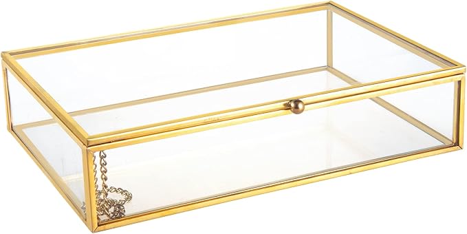 Feyarl Gold Glass Photo Cards Display Box Jewelry Trinket Ring Earring Post Cards Decorative Keepsake Box for Wedding Home Deco Dresser Coffee Table (8.66 x 5.9 x 1.96inch) by Feyarl