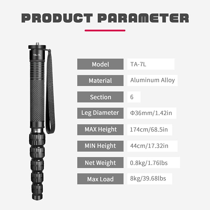 TONYBOO 68.5” Aluminum Camera Monopod,Lightweight & Portable, 5-Section Travel Monopod, Max Load 40 lbs for DSLR/Mirrorless Cameras, Camcorders, Compatible with Canon Nikon Sony - TA-7L - Image 7