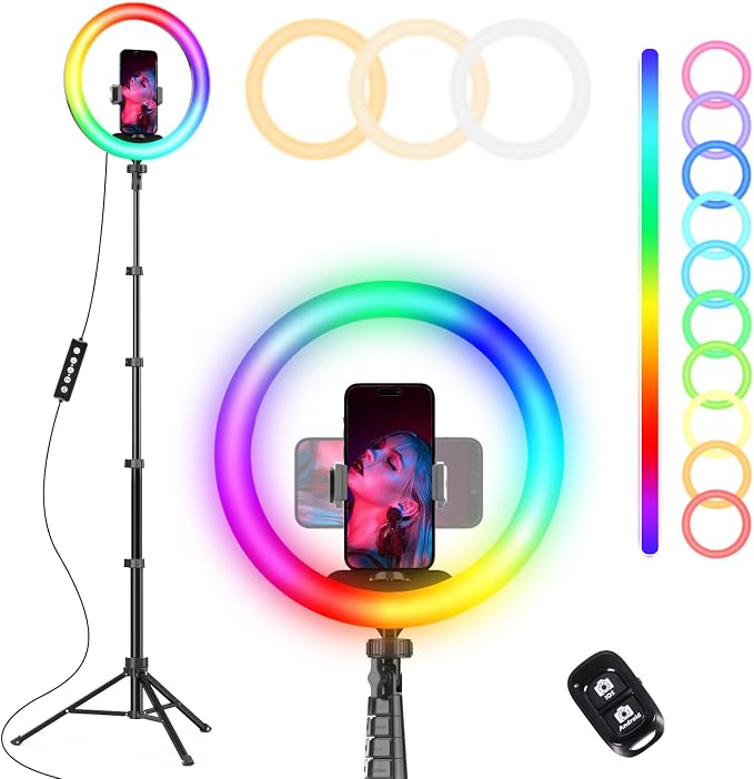 UBeesize 12" RGB Ring Light with 62" Extendable Tripod Stand | LED Selfie Light with Phone Holder & Remote for Video Recording, Makeup, Content Creation, YouTube, TikTok, Camera & Webcam by UBeesize