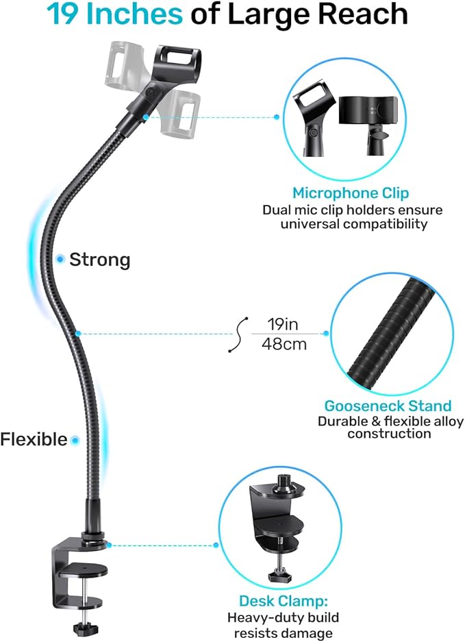 19" Gooseneck Microphone Stand for Desk, Clamp-On Arm with Heavy-Duty Clamp | 5/8-to-3/8 & 1/4 Adapters, Black Steel, Sturdy Clip, Easy Clamp-On Mount, for Podcast, Pulpit, Podium, Studio, Broadcasting - Image 3