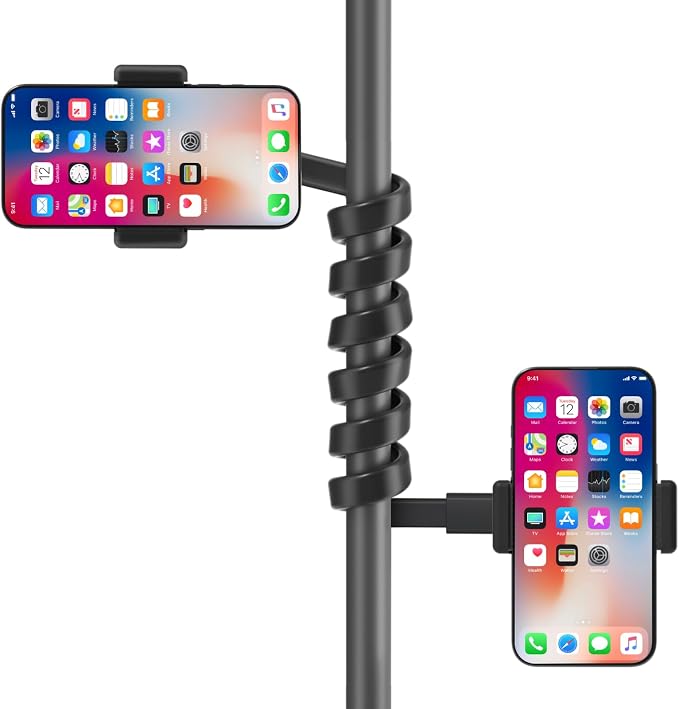 Mic Stand Phone Holder for Microphone Stand Fits Most 3.5" - 7.5" Smartphones - Flexible Dual Cell Phone Holder for Mic Stand Mount, Drum Stand, Music Stand Phone Holders for Any Poles by CHUNXIAO
