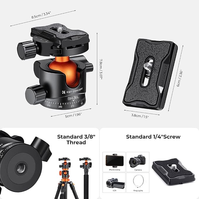 K&F CONCEPT 36mm Metal Tripod Ball Head 360 Degree Rotating Panoramic with 1/4 inch Quick Release Plate Bubble Level for Monopod Camera Camcorder Load Capacity up to 35.2 lbs/16KG | 3/8" Screw Head, 1/4" Quick Plate, Adapter, for Tripod/Camera - BH36L - Image 4
