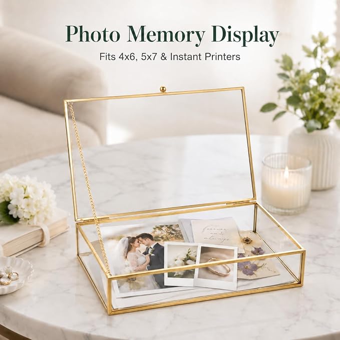 Feyarl Gold Glass Photo Cards Display Box Jewelry Trinket Ring Earring Post Cards Decorative Keepsake Box for Wedding Home Deco Dresser Coffee Table (8.66 x 5.9 x 1.96inch) - Image 2