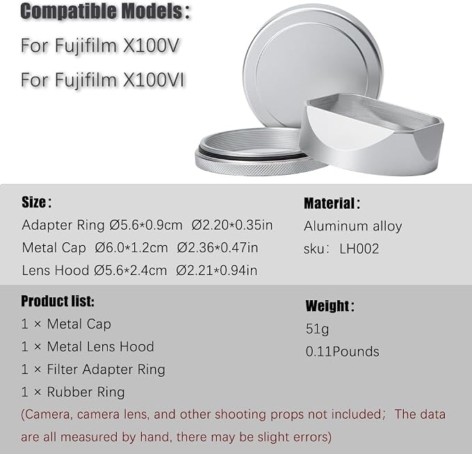 Metal Square Lens Hood (with Cap) with 49mm Adapter Ring for Fujifilm X100V/X100VI Camera Accessories (X100VI-Lens Hood-Silver) - Image 9