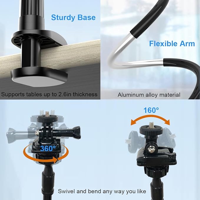 30 Inch Webcam Stand Camera Mount, Upgraded Thick Base Flexible Gooseneck Camera Stand Desk Webcam Mount Clamp for Logitech Webcams C930e C930 C920 C922x C922 Brio 4K C925e C615, Gopro Hero 8 7 6 5 4 - Image 2