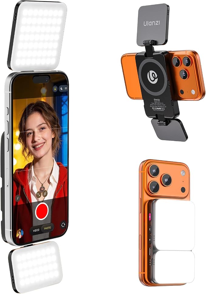 Ulanzi GL01 for iPhone Magnetic Selfie Light, 2500K-6500K Dimmable CRI 97 | Dual Side Fill Light Design, Rechargeable Type-C Charge, with Magnetic Ring, For Magsafe iPhone 12-17 Standard Vs Pro Models by ulanzi