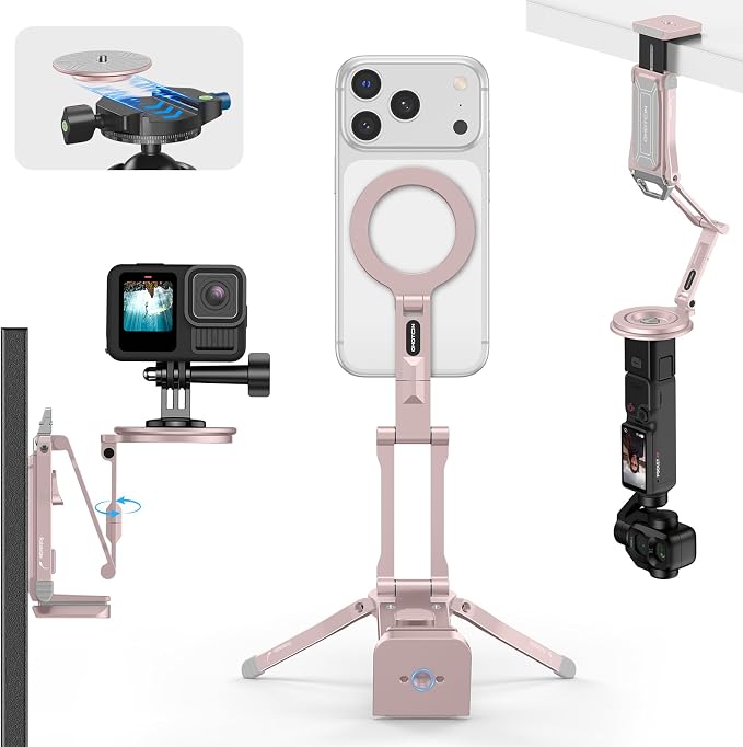 OMOTON TP02-Ultra Magnetic Action Camera Mount for DJI/GoPro iPhone，Pink | Arca-type Adapter with 1/4" Screw, 4 in 1 Phone Tripod for Travel Vlog, Adjustable & Swivel, for iPhone 12-17 Series by OMOTON