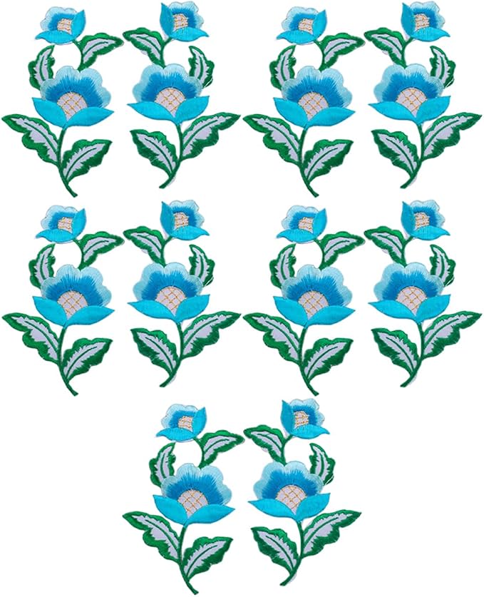 5 Pairs Floral Iron on Applique Flower with Green Vine Embroidered Patch for Collar Dress Accent Shoes Jeans Sewing Accessories Embellishment (Blue) by MSCFTFB