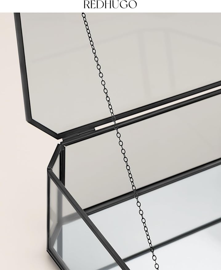 REDHUGO Large Glass Boxes for Display Handmade, Octagon, Black | Handmade Glass Jewelry Box with Mirrored Bottom and Lid, Ideal for Trinkets, Photos, Keepsakes and Vanity Decor - Image 7