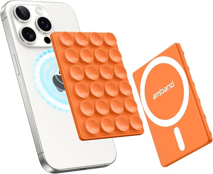 amBand Magnetic Sticky Phone Suction Grip for MagSafe, Removable for Wireless Charging, Durable Magnet Silicone Portable Mount Stand for iPhone 12 13 14 15 16 17, Hands-Free Video/Selfie, Orange by amBand