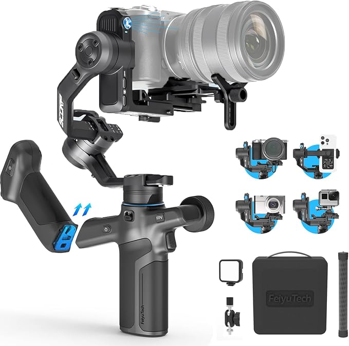 FeiyuTech SCORP Mini 3 Pro [Kit] AI Tracking Camera Stabilizer with Bag+Fill Light+Extension Pole, Detachable Remote Handle, 4.4lbs Payload All in One Gimbal Stabilizer for Camera & Smartphone by Unknown