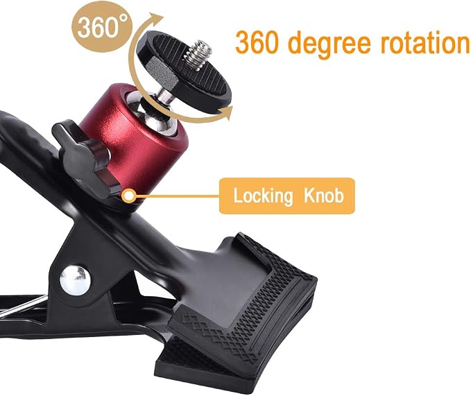UTEBIT Tripod Camera Clip Clamp, with 360° Swivel Mini Ball Head, Black&Red | 2 Pack Clip Camera Mount Photography Accessories with 1/4'' Screw, Black Spring Clamp for DSLR Video Photoshoot Studio - Image 4
