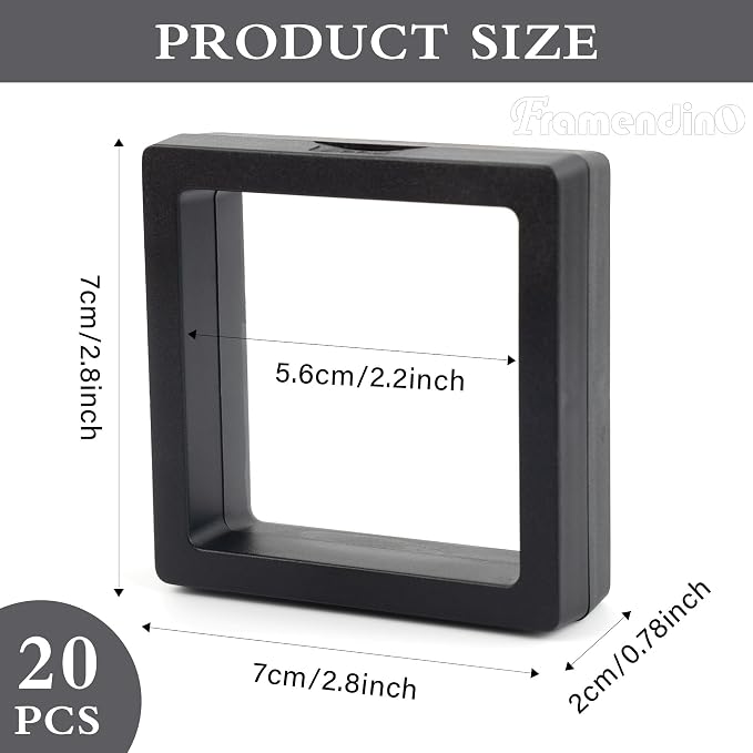 Framendino, 20 Pack Black 3D Floating Frame Display Case Challenge Coin 2.8x2.8x0.8 Holder Stands Jewelry Storage Box for AA Medallion Shells Gems - Image 2