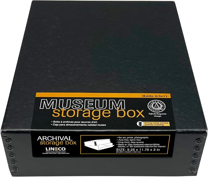 Lineco Museum Archival Storage Box, Drop Front, 9.25x11.75x3 in, Black | Acid-Free with Metal Edge, Preserves Picture Longevity, Organize Photos, Newspapers, Prints, Documents, Crafts, DIY by Lineco