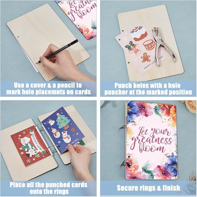 SUPERDANT Let Your Greatness Bloom Wooden Loose Leaf Watercolor Floral Design Journal Card Keeper Motivational Text Planner Card Holder Elegant Greeting Card Organizer Photo Album with 2-Rings - Image 4