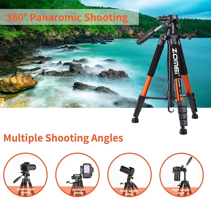 Tripod Camera Tripods, 74" Heavy Duty Tall Camera Stand Tripod with Phone Holder, Compatible with DSLR Cameras,Cell Phones,Projector,Webcam,Spotting Scopes(Orange) - Image 2