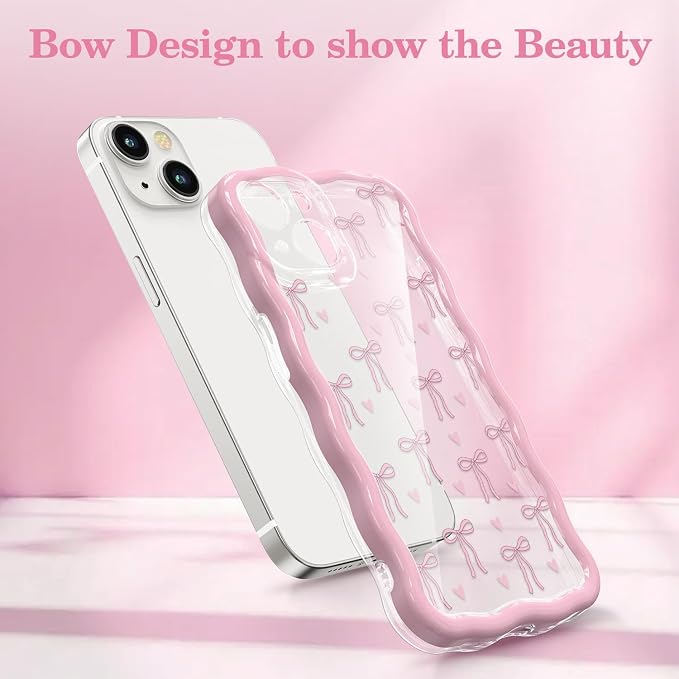QLTYPRI for iPhone 15 Pink Bow Case, Clear Cute Pink Ribbon Bow Phone Case Curly Wavy Aesthetic Phone Cover, Soft Slim Transparent TPU Shockproof Protective Cover for Women Girls - Love Bow - Image 2