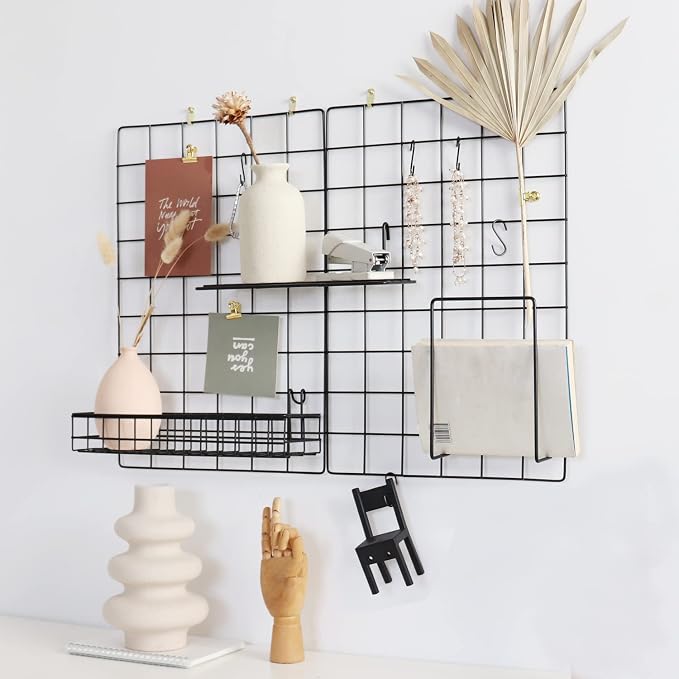 Wall Grid Panel for Photo Display,Wall Storage Organizer,5 Metal Clips & 3 S Hooks & 4 Nails & 4 Plastic Hanging Buckles and 4 Screws Offered,Size 17.5" x 11.8"，Set of 2 (Black) - Image 3