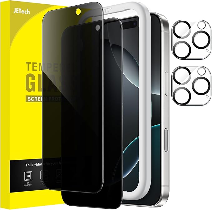 JETech Privacy Screen Protector for iPhone 16 Pro, 2+2 Pack | Anti-Spy Tempered Glass, with Camera Lens Protector, Easy Installation Tool by JETech