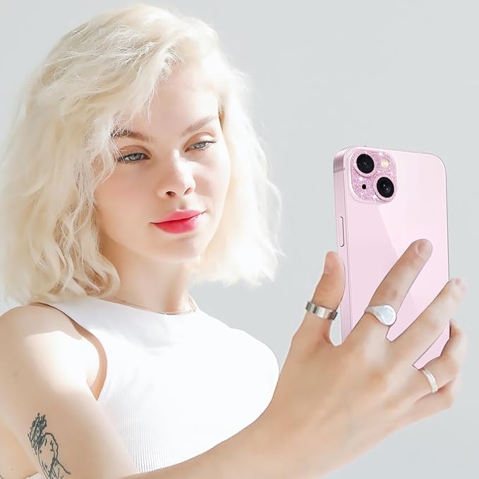 Compatible with iPhone 15 & iPhone 15 Plus Camera Lens Protector, Bling 3D Rhinestone Diamond 9H Tempered Glass Camera Cover Anti Scratch Shockproof Lens Screen Full Protective Cover - Pink - Image 7