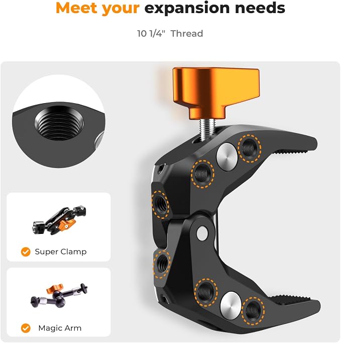 K&F CONCEPT Camera Mount Clamp, Super Crab Clamp with 1/4" Thread Holes | 60mm Max Opening for Round Pipe Flat Surface, Monitors, LED Lights, and Other Photographic Accessories, MS15 - Image 3