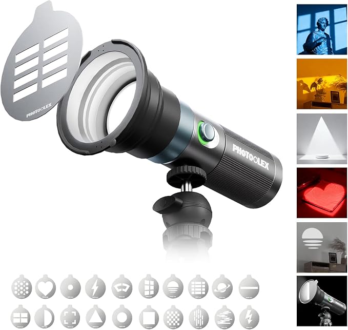 PHOTOOLEX RGB Photography Flashlight with 20 Metal Magnetic Gobos | CRI96+/8400mAh, 4 Colors LED Video Spotlight with Diffuser, Studio Spotlight for Creating an Photo Atmosphere, Content Create by PHOTOOLEX