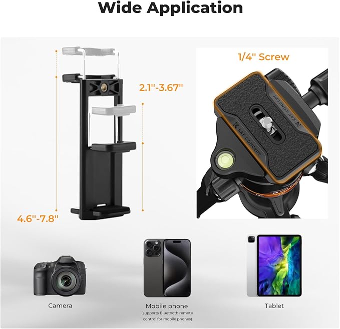 K&F CONCEPT 76" Travel Tripod for Camera | 360° Ball Head w/ Phone Holder, 17.6lbs Max Load, Detachable Monopod, Compact Tripod for DSLR/Phone, O275A5+BH-36 - Image 5