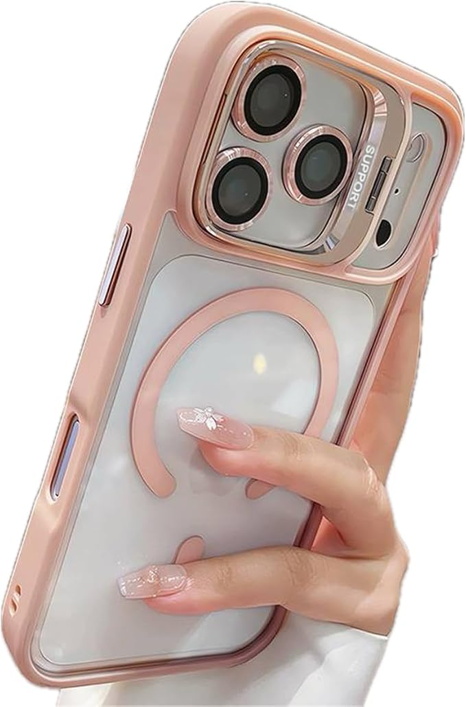 for iPhone 17 Pro Max Magnetic Case with Kickstand, [Compatible with MagSafe] Built in Stash Stand Clear Shockproof Soft Cover Camera Lens Protection Case for iPhone 17 Pro Max 6.9", Pink by Unknown