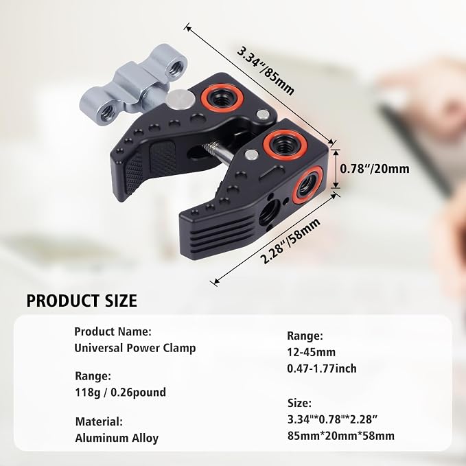 Universal Power Clamp with 1/4"-3/8" Threads & Cold Shoe - Multi-Angle Camera/Desktop Clamp for DSLR, LCD Monitor, Bike Mount (12-45mm Clamping Range) 62023 - Image 8