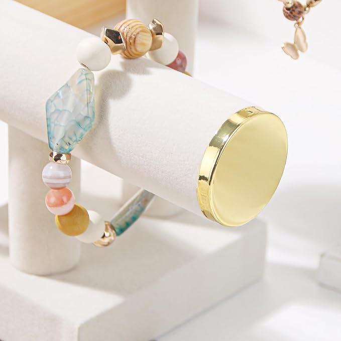 Bracelet Holder,Bracelet Display Stand with Metal Cap,Velvet Jewelry Organizer Displays for Necklace Scrunchies Watches Hair Ties. (Beige, 2 tier) - Image 5