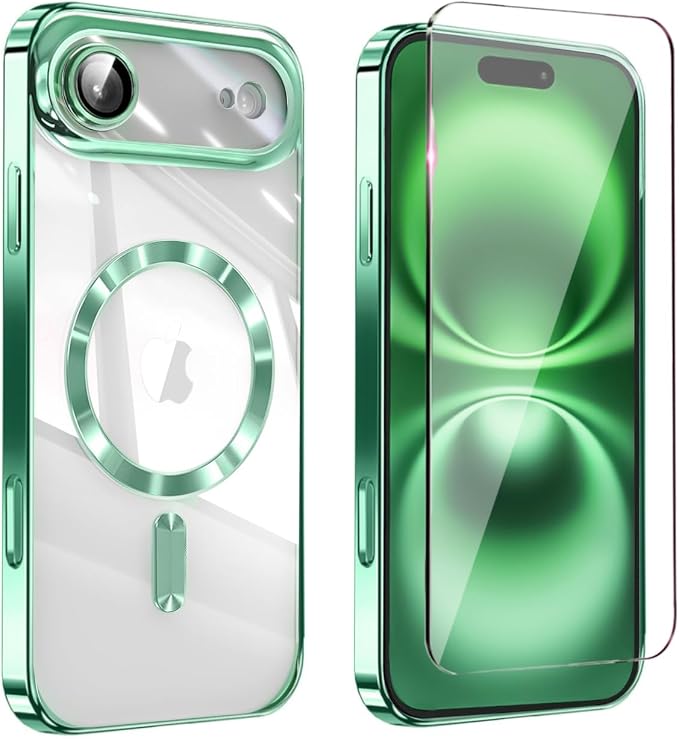 Magnetic Glossy Case for iPhone 17 Air,iPhone 17Air Phone Case Slim Clear Luxury with Screen Protector & Camera Protector [Compatible with MagSafe], Shockproof Cover for iPhone Air 17-Green by Unknown