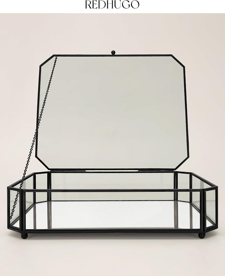REDHUGO Large Glass Boxes for Display Handmade, Octagon, Black | Handmade Glass Jewelry Box with Mirrored Bottom and Lid, Ideal for Trinkets, Photos, Keepsakes and Vanity Decor - Image 4