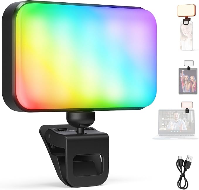 NEEWER Entry Level Version LED RGB Selfie Light, 91 LEDs Plastic Clip on Phone Fill Lighting for iPhone, 20 Effects CRI92 1000mAh, for Computer Webcam Laptop Zoom Video Conference Recording, N6C by Neewer