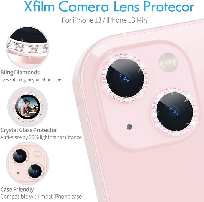 for iPhone 13/13 Mini Camera Lens Protector Bling Diamond, Pink | Individual Metal, 9H Hardness, Scratch Resistant, Shockproof, Drop Protection, Case Friendly, Stylish Accessories - Image 4