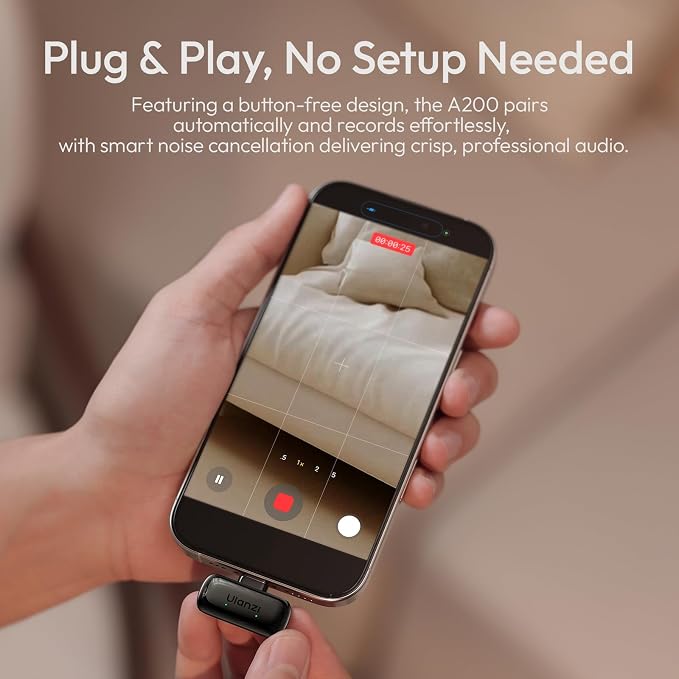 ULANZI A200 Mini Mic Wireless Lavalier Lapel Microphone for iPhone 17/16/15 Type-C, 48kHz/24-bit, Plug & Play, Smart Noise Cancelling, Digital Display, 30H Battery for Video Recording - Image 5