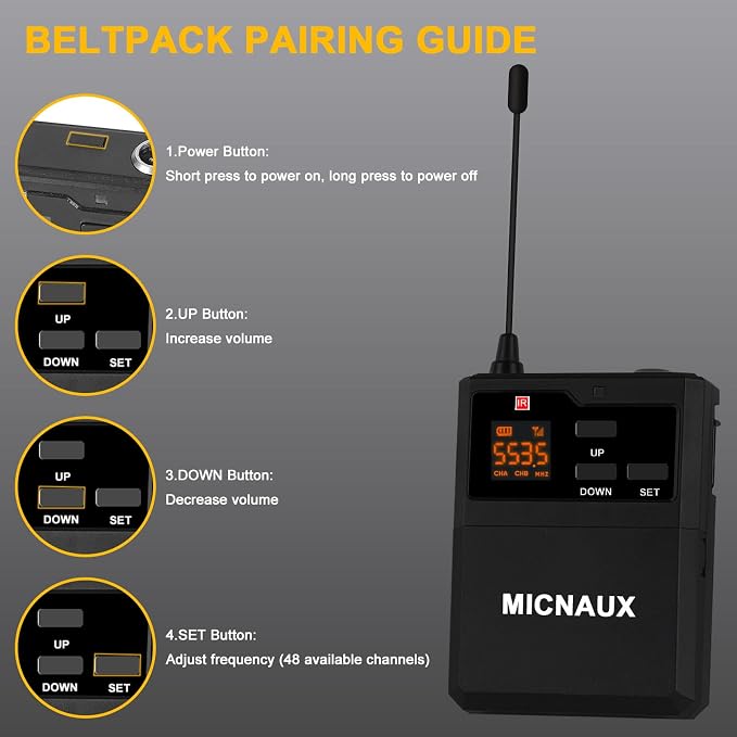 Wireless Lapel Microphone System with Headset & Lavalier Mics, UHF Bodypack Transmitters, Mini Rechargeable Receiver, 48 Channels in 500MHz, 260ft Range, Plug & Play for Wedding Speech Church - Image 6