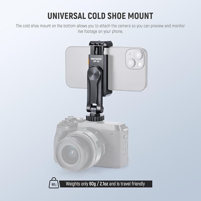 Neewer Basic Phone Tripod Mount Holder with 1/4" Thread & Cold Shoe, 2.36"-3.54"/6-9cm 360° Rotatable Camera Mount Cellphone Clamp for iPhone 16 15 14 13 12 11 Pro Max X XR Samsung S24 Ultra, SP-10 - Image 4