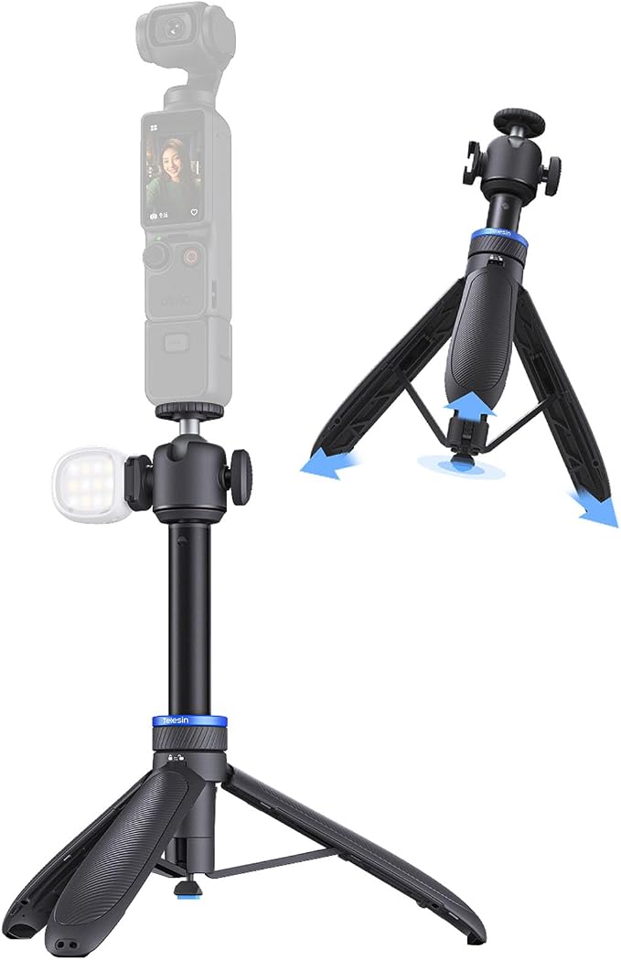 TELESIN 0.1s Auto Open Mini Selfie Stick Tripod for DJI Osmo Pocket 3 4 | 65 cm/25.5in Tripod Compatible with Insta360 Luna Ultra Xtra Muse Action Camera Accessories, Cold Shoe Mount, 360° Ball Head by telesin