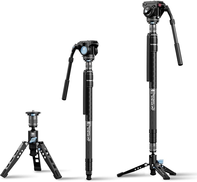 SIRUI SVM-145 Carbon Fiber Camera Monopod with Feet, 60.7" Professional Lightweight Travel Monopod with Fluid Video Head for DSLR Camera, One-Step Height Adjustment, Modular, Max Load 22lbs by SIRUI