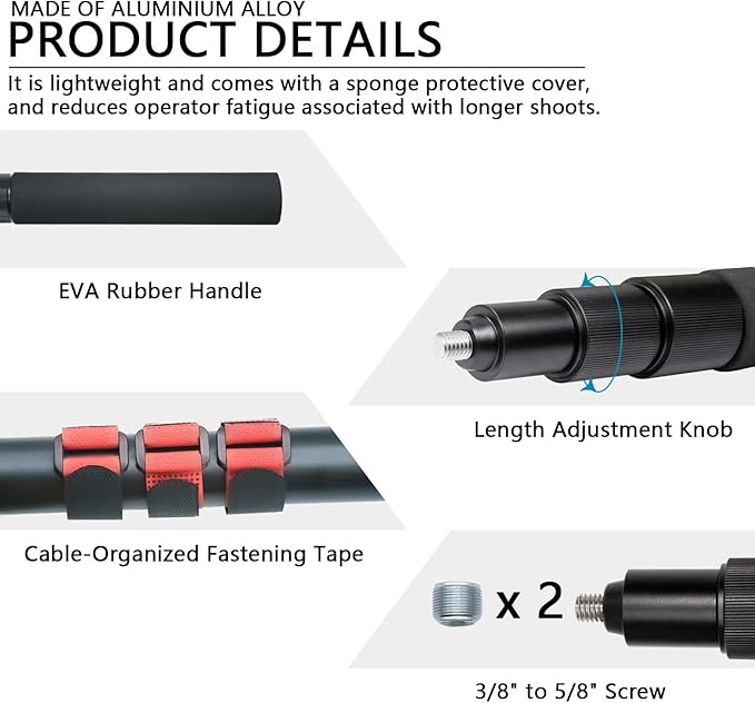 Handheld Boom Pole for Shotgun Mic, 3-Section Extendable Microphone Arm | Filming with 3/8" and 5/8" Threads, 3ft to 8.3ft Adjustable Length, Portable - Image 4