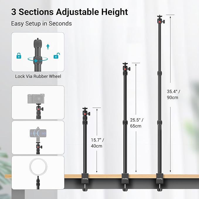 SMALLRIG Camera Mount C Stand, 15"-35" Adjustable Desk Clamp Table Tripod | Tabletop C Clamp Light Stand for Webcam, DSLR Camera, Ring Light, Live Streaming, Photo Video Shooting - Image 3