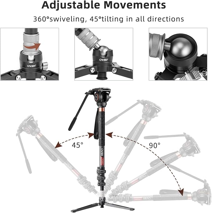 Cayer CF34 Carbon Fiber Monopod, 72" Fluid Head with Folding Base for DSLR | Carbon Fiber Monopod Kit, Fluid Head, Folding Support Base, 2 Quick Release Plates, Dual-Mode Compatible Mount - Image 4