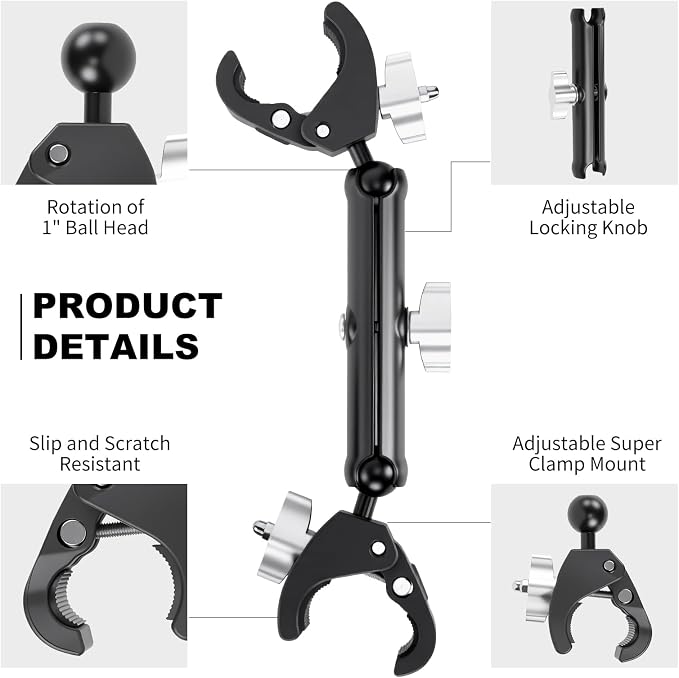 Double Super Clamp Camera/Umbrella Mount,360° Magic Long Arm Pole Clamp,Double Ball Head Adapter for Photo Studio Light Stand,Gopro,Golf Carts,Motorcycle,Cross Bars,Strollers (Black) - Image 5