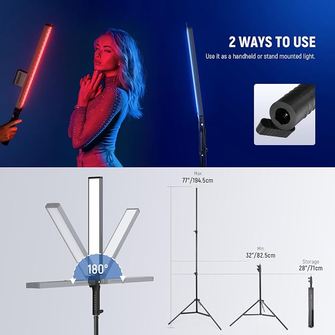 NEEWER Handheld 2.4G LED Video Light Stick Kit, Upgraded 40W Dimmable 3200K-5600K CRI97 with Stands/Filters/Carry Bag for Gaming Photography YouTube TikTok Video Recording, BH20B Ultra - Image 8