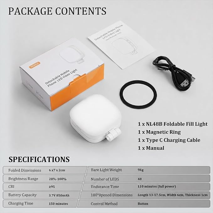 Magnetic Selfie Light Compatible with MagSafe, Foldable LED Phone Light with Mirror, 48 LEDs 5 Color Modes & 5 Brightness Levels, 360° Rotating Fill Light for Selfies, Makeup, TikTok, Zoom - Image 7