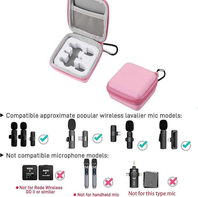 Hard Travel Carrying Mic Case Wireless Lavalier Microphone Case with 3 Slots for Wireless Lavalier Microphone Lapel clip-on Mic (Pink) - Image 7