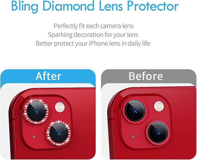 for iPhone 13/13 Mini Camera Lens Protector Bling Diamond, Red | Individual Metal, 9H Hardness, Scratch Resistant, Shockproof, Drop Protection, Case Friendly, Stylish Accessories - Image 6