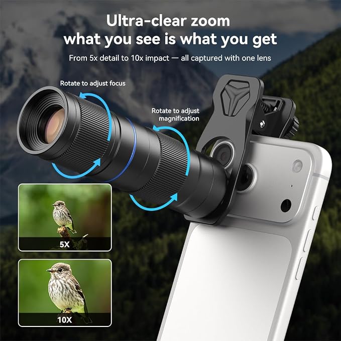 APEXEL Telephoto 5-10X Zoom Lens for iPhone & Android, Optical Magnification, Universal Clip-On Phone Camera Lens, Aviation Aluminum Body for Travel, Sports & Concert Photography - Image 4