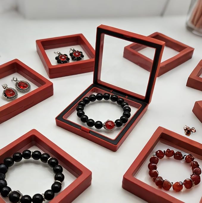 12 PCS Dual-Color Packaging Box 3D Floating Frame Display Stand, Color-Matching Packaging Display Box, Transparent Window Jewelry Case, PE Film Anti-Oxidation Storage Case. (Red+Black) - Image 4