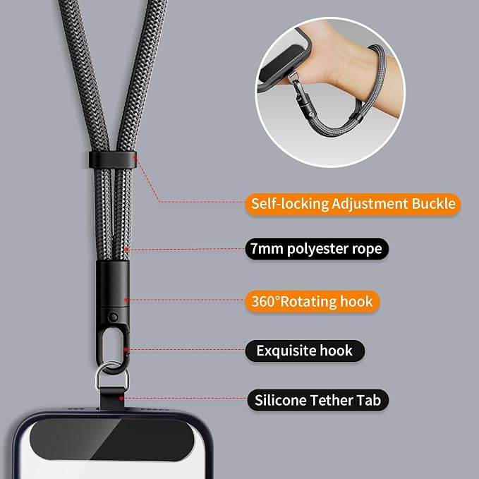Phone Wrist Strap Lanyard Hand Universal Adjustable Phone Finger Grip Wristlet with 3 Patches Tether Anti Theft for iPhone 16 Pro Max 15 14 Charms for Keychain USB Flash Drive Wallet ID Name Tag Grey - Image 5